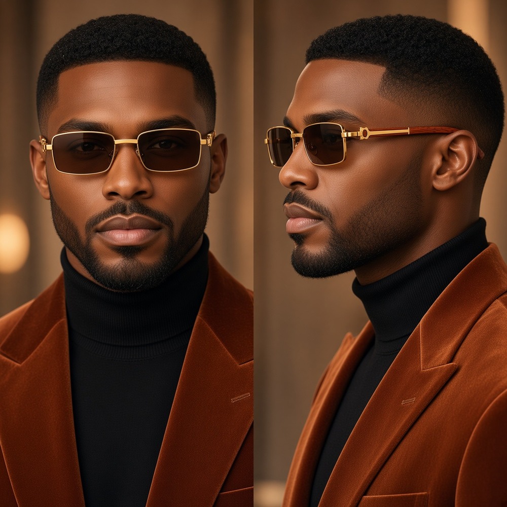 Square Men Sunglasses Brown Lens Fashion Metal Hip Hop Retro Street Trendy Wear